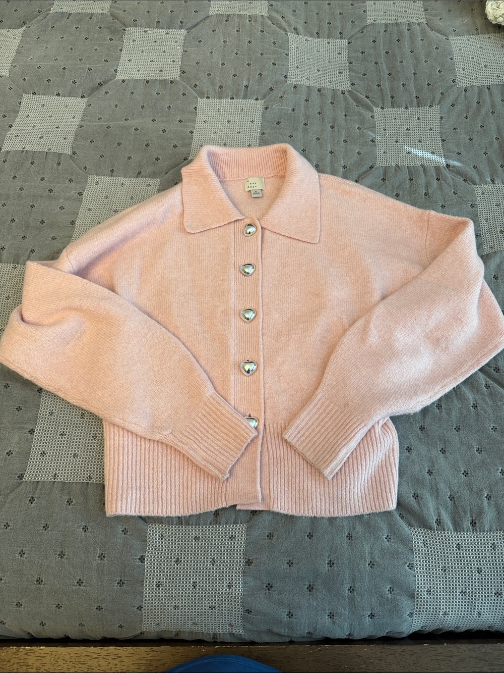 a new day Pastel Pink Collared Heart-Button Cardigan